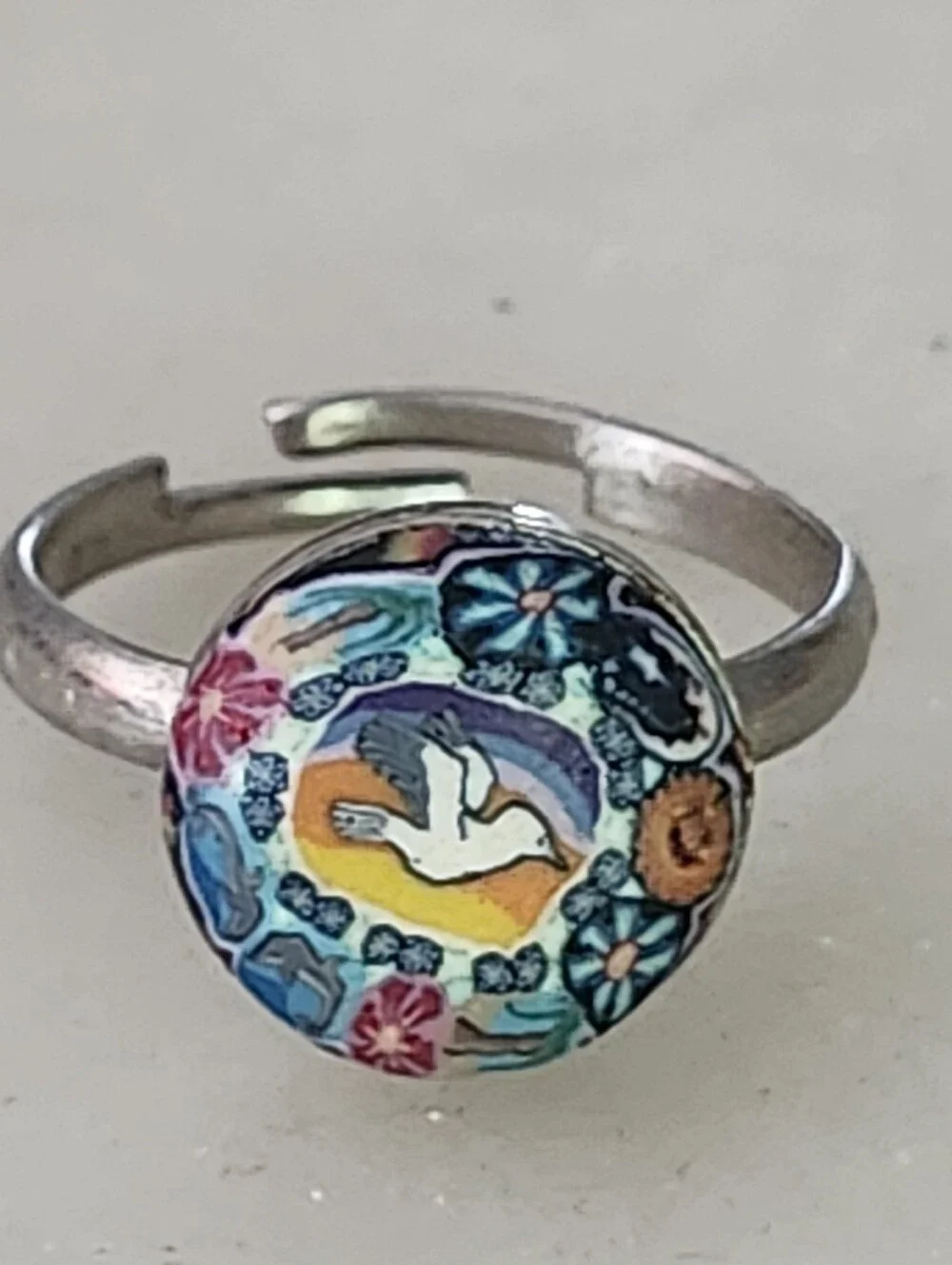 Hand-Painted White Dove Floral Adjustable Ring - Multicolor